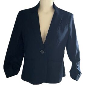 Dark Blue one button stretch with ruched  sleeves blazer.